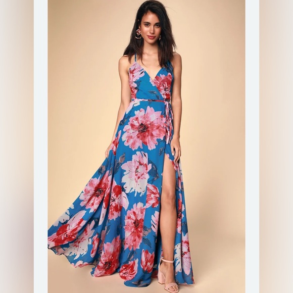 Lulus Dresses & Skirts - NWT Lulu's Elegantly Inclined Blue and Pink Floral Wrap Maxi Dress